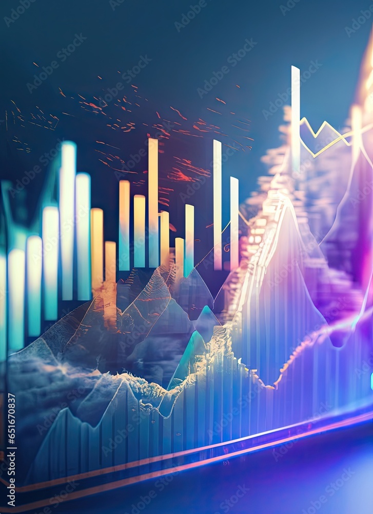 graph growth finance investment on blue background. achievement goal to with arrow up graph. investment finance increase. illustration fantastic technology. AI Generative. - obrazy, fototapety, plakaty 
