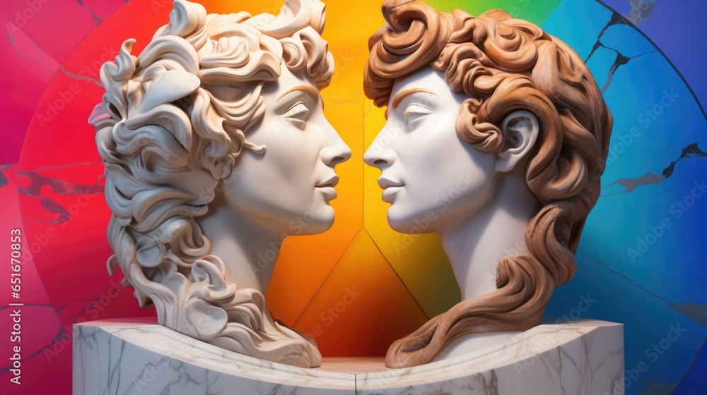 Obraz premium Two marble heads of statue devoid of excess detail, come together against a colorful rainbow backdrop, reflecting the principles of the LGBTQ+ movement.