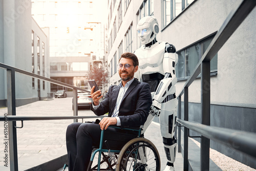 A robot carries a wheelchair with a sick man