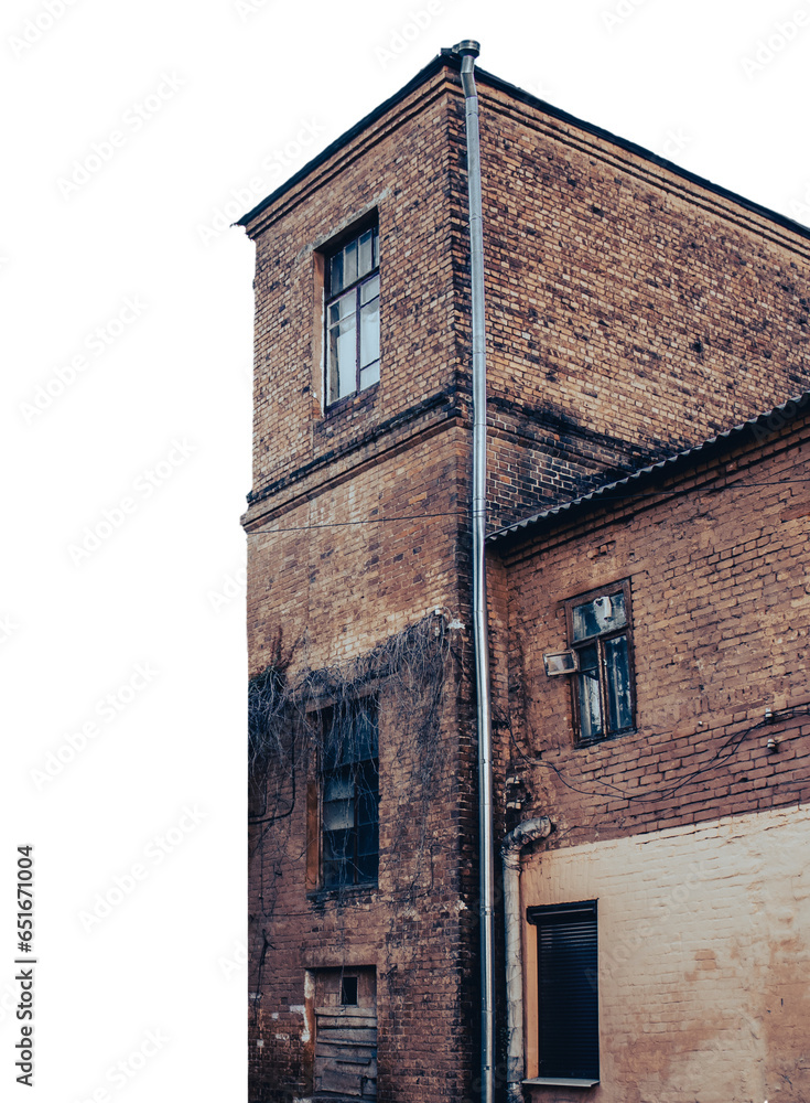 Old red bricks building on transparent background. Old city building photography.