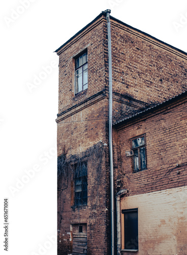 Old red bricks building on transparent background. Old city building photography.