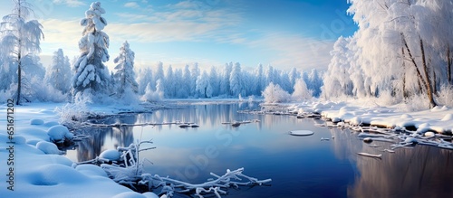 Winter panoramic landscape, river and snowy trees with blue sky. Romantic outdoor scene for cold season. Water stream, lake framed with frosted, snowy shores. © Caphira Lescante
