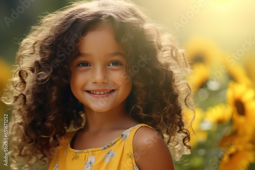 Radiant Sunflower Delight: A Cheerful Little Curly-Haired Girl Beams with a Bouquet of Sunflowers on Her Back, a Captivating Smile Illuminating Her Joy.