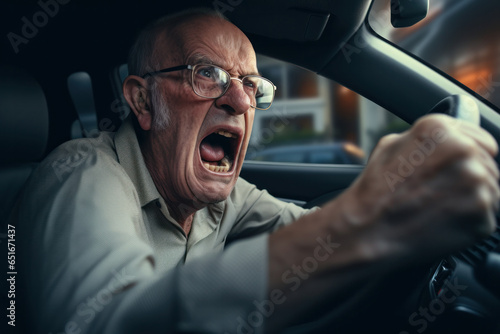 Fototapeta Intense Moments: Elderly Man Exhibits Frustration and Ire as He Drives Amidst Dense Traffic, Raising His Voice in Discontent, Overwhelmed by Road Rage