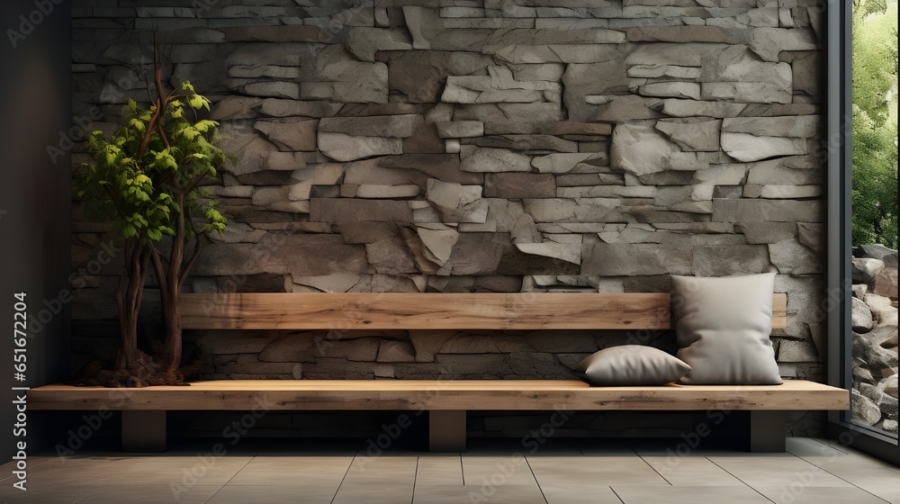Wild stone cladding wall and wooden bench. Decorative tree trunks composition in minimalist style interior design of modern entrance hal. Generate AI - obrazy, fototapety, plakaty 