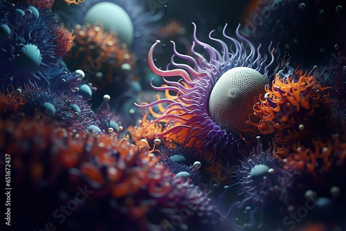 abstract art, realistic surrealistic, image of a cell, molecular fantasies, medical theme, photorealistic // ai-generated