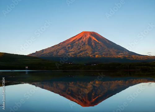 Volcanic mountain in morning light reflected in calm waters of lake. 