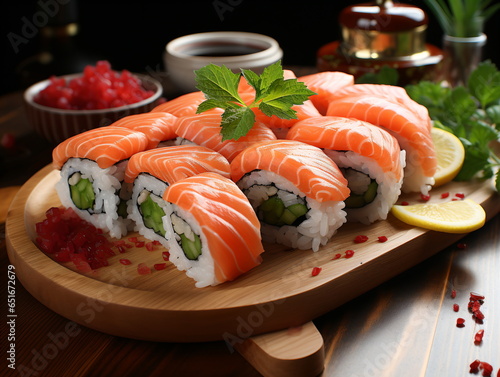 Sushi and fried garlic shrimps, prawn on a stone plate with black background