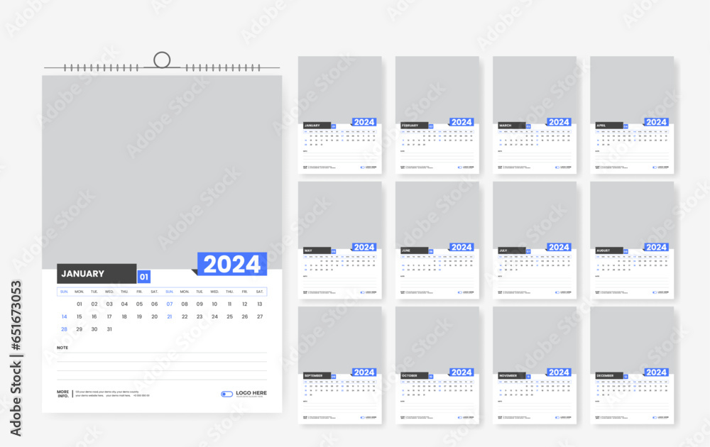 2024 wall calendar template design, 12-page modern print-ready calendar layout template 2024 wall calendar template design, 12-page modern print-ready calendar layout template