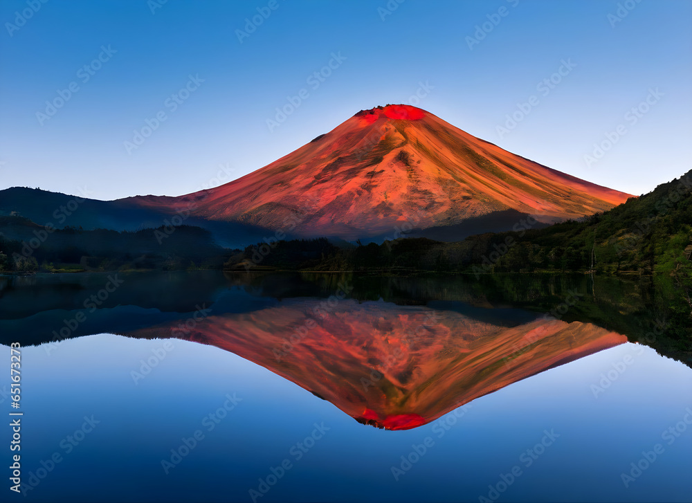Volcanic mountain in morning light reflected in calm waters of lake.
