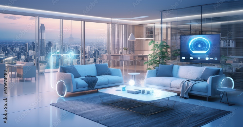 Modern living room showcasing various smart home devices