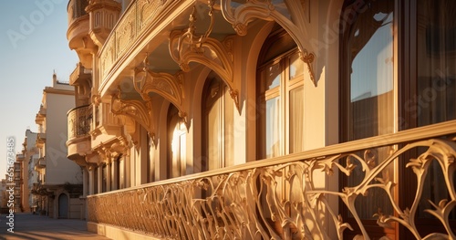Sweeping curves and floral motifs characteristic of Art Nouveau architecture, captured in the morning light photo