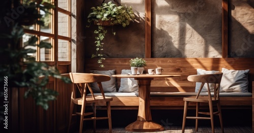 Cozy corner in a local coffee shop with handcrafted wooden furniture