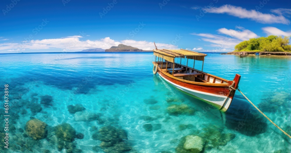 Traditional boat floats on crystal clear waters, with overwater bungalows in the distance