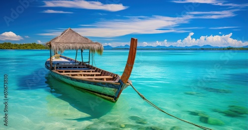 Traditional boat floats on crystal clear waters, with overwater bungalows in the distance © PRI