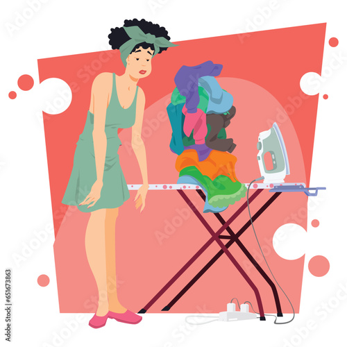 Housewife woman ironing clothes. Illustration for internet and mobile website.
