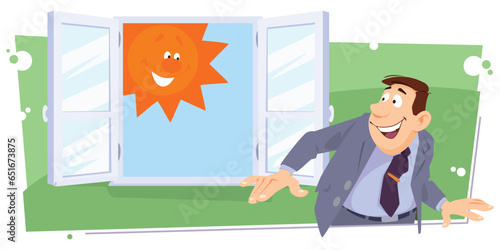 Happy man looks out window at sun. Illustration for internet and mobile website.
