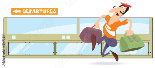 Man in sports suit runs with suitcases. Illustration for internet and mobile website.