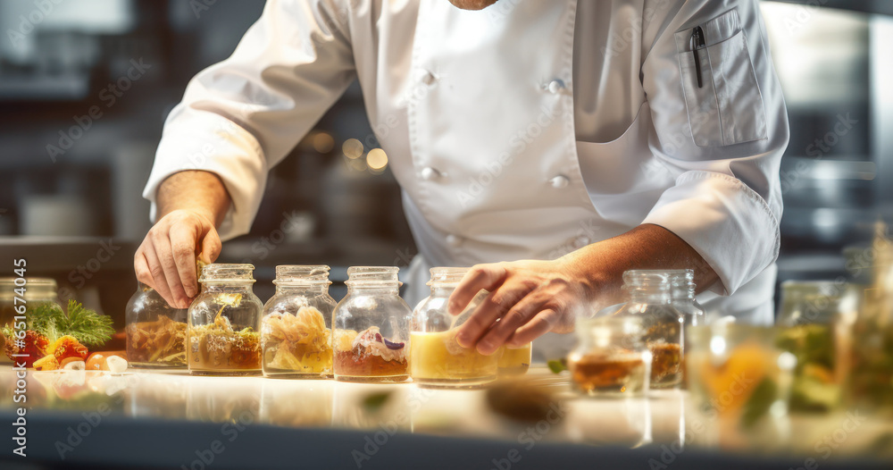 Chef meticulously preparing a gourmet breakfast spread in a luxurious hotel kitchen Chef meticulously preparing a gourmet breakfast spread in a luxurious hotel kitchen