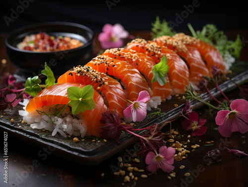 Sushi and fried garlic shrimps, prawn on a stone plate with black background