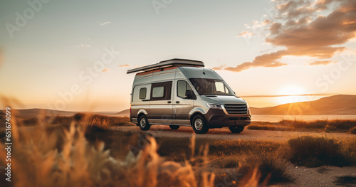 Minimalist van converted into a mobile home  parked amidst nature showcasing a life on the road