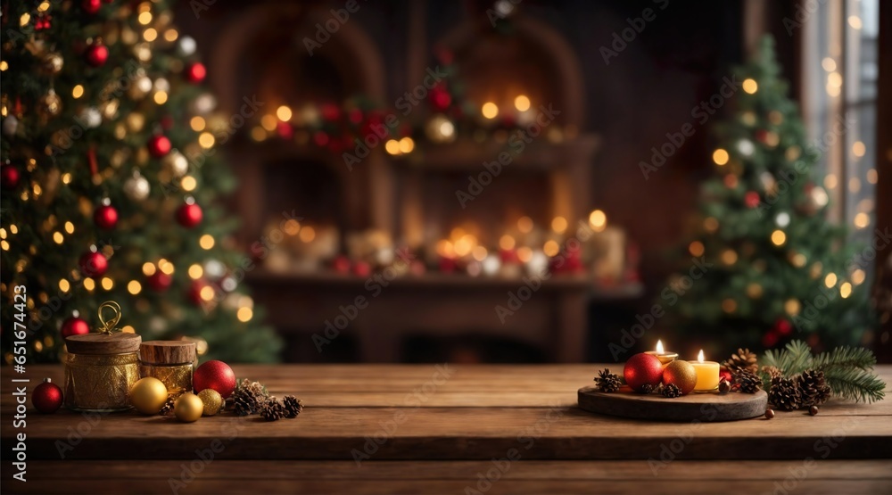 table shot of wooden table with christmas decoration in a cozy looking room for product or text placement. Generative AI.