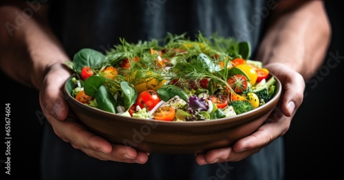 Hands holding a bowl of fresh salad