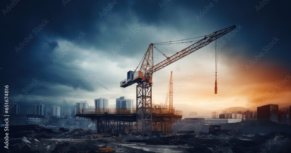 Towering crane against the backdrop of a large construction site