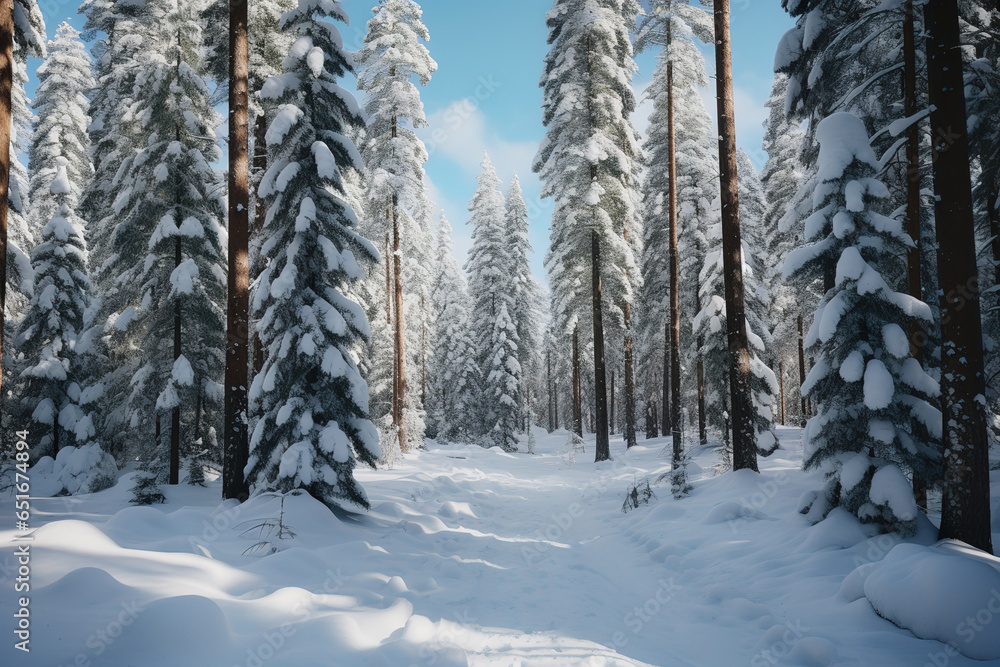 peaceful, snow-covered forest in winter, with towering pine trees laden with white powder, creating a winter wonderland, generative ai peaceful, snow-covered forest in winter, with towering pine trees laden with white powder, creating a winter wonderland, generative ai
