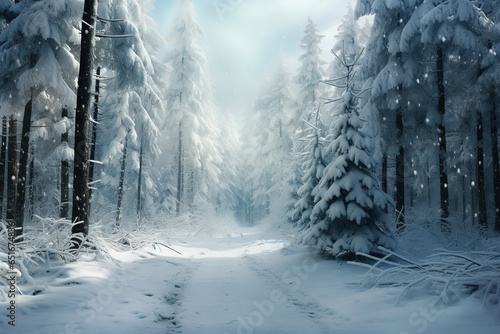 peaceful, snow-covered forest in winter, with towering pine trees laden with white powder, creating a winter wonderland, generative ai 