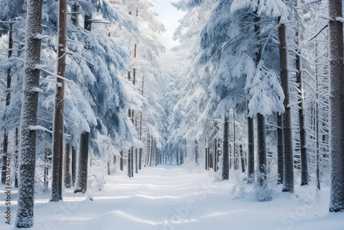 peaceful, snow-covered forest in winter, with towering pine trees laden with white powder, creating a winter wonderland, generative ai  © vvalentine