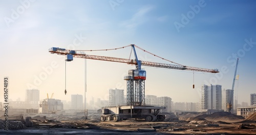Towering crane against the backdrop of a large construction site