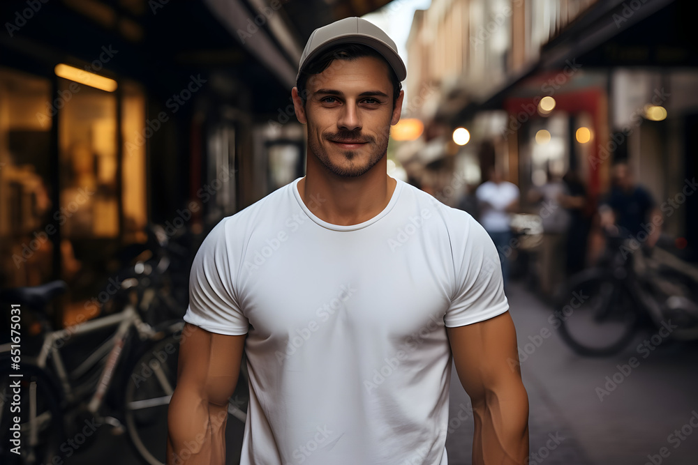 Fototapeta premium City Street Vibes Stylish Latin Male Model Wearing a Classic White Cotton T-Shirt