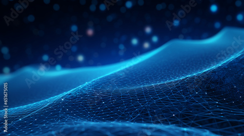 Smooth mesh and waves - abstract blue geometric digital technology background.  Concept for neural network, big data, communication, data stream, cyber data flow,  AI, cloud computing. Generative AI