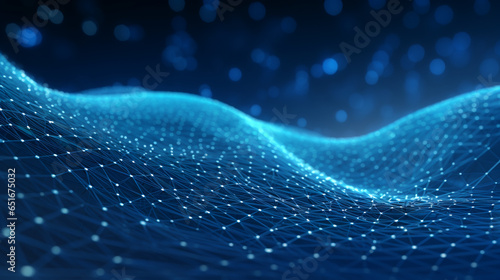 Smooth mesh and waves - abstract blue geometric digital technology background.  Concept for neural network, big data, communication, data stream, cyber data flow,  AI, cloud computing. Generative AI