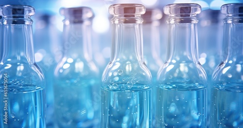 Glass bottles filled with colored liquid, sealed with pristine caps, indicating medical precision