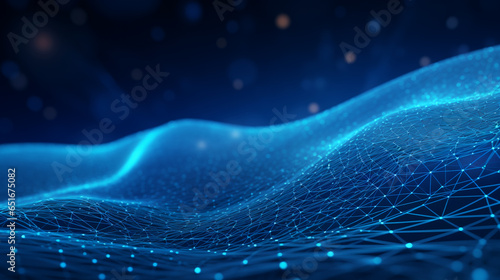 Smooth mesh and waves - abstract blue geometric digital technology background.  Concept for neural network, big data, communication, data stream, cyber data flow,  AI, cloud computing. Generative AI