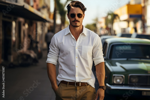 City Street Vibes Stylish Latin Male Model Wearing a Classic White Cotton T-Shirt