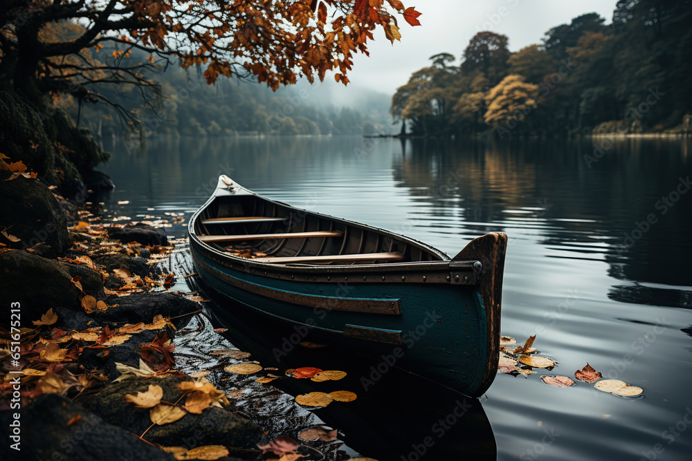 rowboat on a calm lake surrounded by autumn beauty, generative ai 