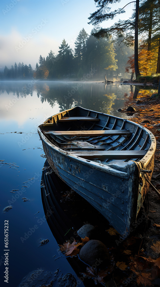 rowboat on a calm lake surrounded by autumn beauty, generative ai 