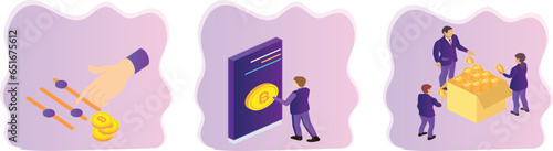 Cryptocurrency illustration set. Characters investing in safe bitcoin card and electronic devices planning financial strategy to achieve money growth and stability. Investment growth concept.