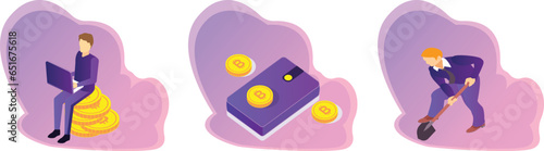 Cryptocurrency illustration set. Characters investing in safe bitcoin card and electronic devices planning financial strategy to achieve money growth and stability. Investment growth concept.