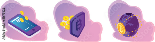 Cryptocurrency illustration set. Characters investing in safe bitcoin card and electronic devices planning financial strategy to achieve money growth and stability. Investment growth concept.