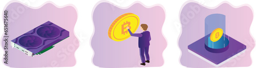 Cryptocurrency illustration set. Characters investing in safe bitcoin card and electronic devices planning financial strategy to achieve money growth and stability. Investment growth concept.