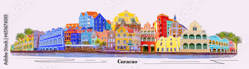 Willemstad  Curacao  Netherlands - promenade with colorful buildings at sunny day. Collage