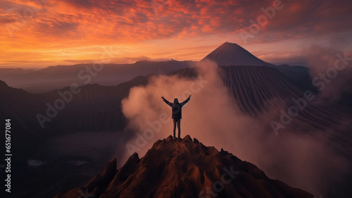 a man tourist is standing with both hands raised .on top of a mountain,Bromo volcano.generative ai photo