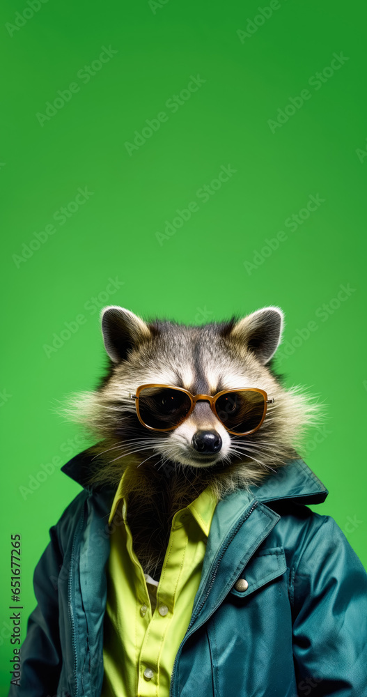Cool looking racoon wearing funky fashion dress - jacket, shirt, glasses. Vertical banner with copy space above. Stylish animal posing as supermodel. Generative AI