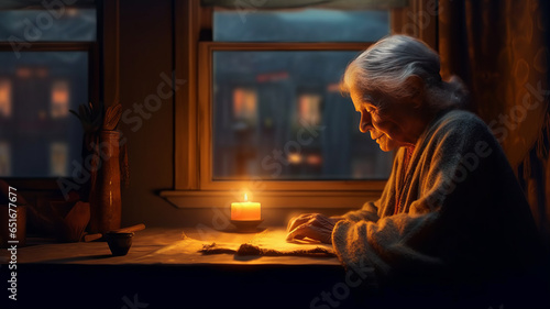 an old woman at the window on the table a candle burns through the window.