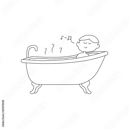 Hand drawn Cartoon Vector illustration boy takes a bath in the tub icon in doodle style
