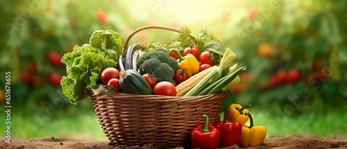 fresh green and mix colored vegetables in big basket in field green plants.generative ai